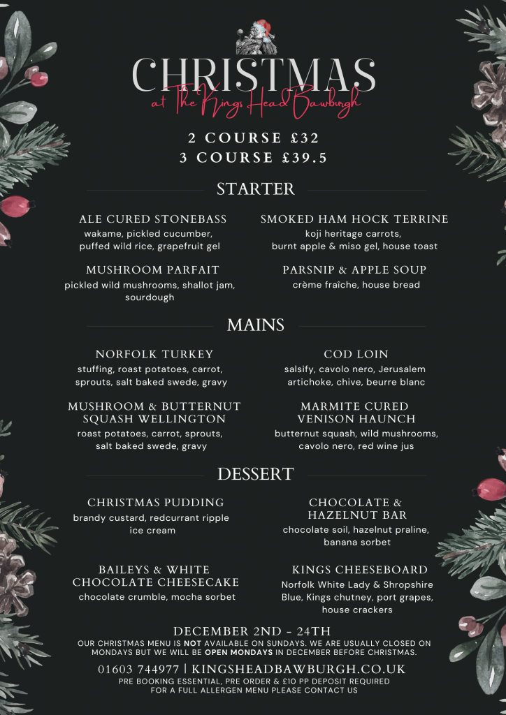 Christmas Menu 2024 at The Kings Head